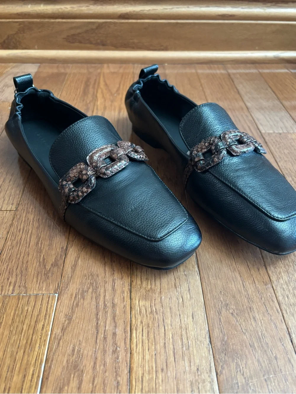 Sanctuary Black Slip on Loafers with Brown Buckles